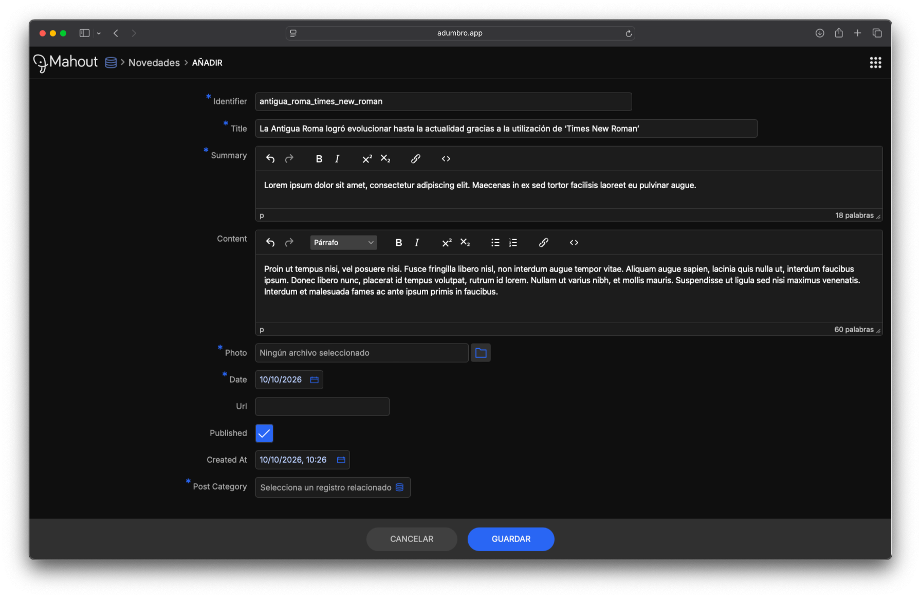 Formulario para añadir contenidos al base de datos con Mahout
